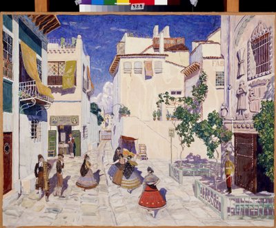 Une rue a Seville (إسبانيا) ، ديكور لأوبرا Carmen لجورج بيزيه (1838-1875) (شارع في إشبيلية ، تصميم مسرحي لأوبرا كارمن لجي بيزيت). عمل ألكسندر ياكوفليفيتش جولوفين (ألكسندر جولوفين) (1863-1930) ، تمبرا على ورق بواسطة ألكسندر ياكوفليفيتش جولوفين