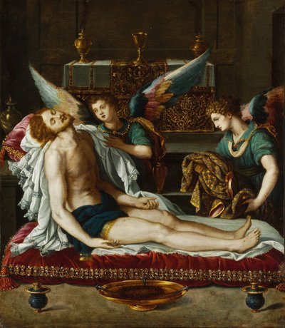 Le Corps du Christ oint par deux anges - The Body of Christ Anointed by Two Angels - Allori، Alessandro (1535-1607) - ca 1593 - Oil on Copper - 45x39 - Szepmuveszeti Muzeum، Budapest بواسطة اليساندرو ألوري