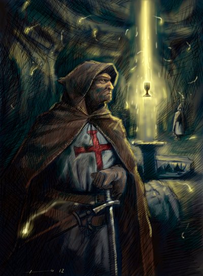 فارس من وسام الهيكل (تمبلر) خلفه كأس الكأس المقدسة. رسم توضيحي أليساندرو لوناتي بواسطة أليساندرو لوناتي
