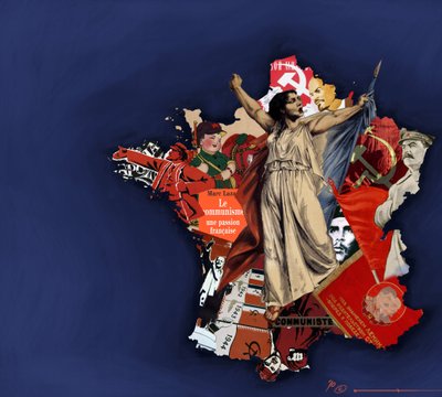 ماريانا على خلفية الكولاج الشيوعي. رمزية الشيوعية في فرنسا. 2010 رسم ملون لأليساندرو لوناتي. بواسطة أليساندرو لوناتي