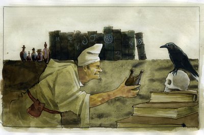 الكيميائي في مختبره مع غراب ، رسم توضيحي لجمجمة أليساندرو لوناتي بواسطة أليساندرو لوناتي