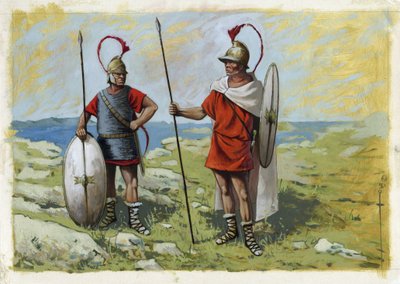 اليونان القديمة: مرتزق tureophore (Thureophoros أو Thureophoroi) (القرن الثالث إلى الأول قبل الميلاد) (على اليمين) و Thorakites (Thorakitai) (على اليسار). رسم أليساندرو لوناتي بواسطة أليساندرو لوناتي