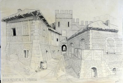 العمارة في العصور الوسطى: منظر لأسوار مدينة لومباردية في العصور الوسطى. رسم قلم رصاص من أليساندرو لوناتي. بواسطة أليساندرو لوناتي