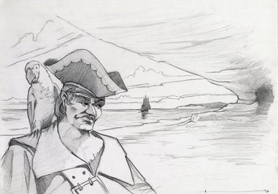 قرصان كاريبي مع ببغاء يبحث عن كنز في كهف على الشاطئ مع جاليون. رسم أليساندرو لوناتي. بواسطة أليساندرو لوناتي