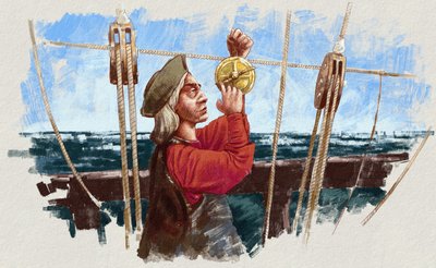 كريستوفر كولومبوس يحسب المسار باستخدام الإسطرلاب (رسم توضيحي) بواسطة أليساندرو لوناتي