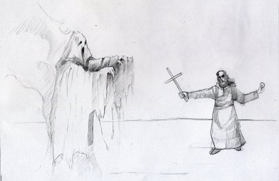 قتال بين راهب يحمل صليبًا وشبحًا رسم أليساندرو لوناتي بواسطة أليساندرو لوناتي