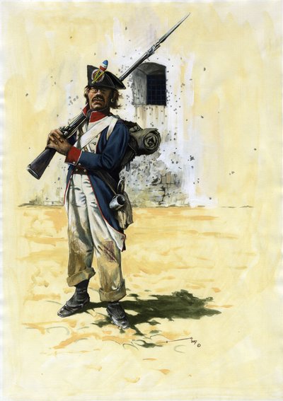 الإمبراطورية الأولى (1804-1804 و 1815): جندي مشاة ومدفعي من لواء المشاة الفرنسي للجيش النابليوني العظيم في حصن. رسم أليساندرو لوناتي. بواسطة أليساندرو لوناتي