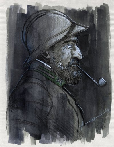 الحرب العالمية الأولى 1914-1918: صورة شخصية لجندي من الجيش الإيطالي يدخن الأنبوب في عام 1915. رسم لأليساندرو لوناتي بواسطة أليساندرو لوناتي