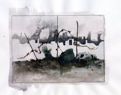 الحرب العالمية الأولى: قصة رمزية للحرب مع خوذة جمجمة في اللحى على خلفية أنقاض رسم ملون لأليساندرو لوناتي بواسطة أليساندرو لوناتي
