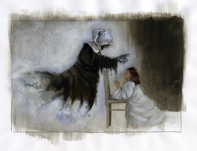 يظهر شبح راهبة مسنة بأيد ملتوية لفتاة صغيرة تصلي رسم توضيحي لأليساندرو لوناتي بواسطة أليساندرو لوناتي