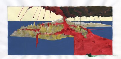 رسم توضيحي لأسطورة الجزيرة التي اختفت تحت بحر أتلانتس: منظر لانفجار البركان الذي سيؤدي إلى اختفاء الجزيرة الأسطورية. الرسم الملون من قبل أليساندرو لوناتي. بواسطة أليساندرو لوناتي