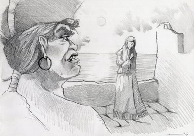 قرصان (قرصان) من الكاريبي يهدد سيدة في حصن. رسم أليساندرو لوناتي. بواسطة أليساندرو لوناتي