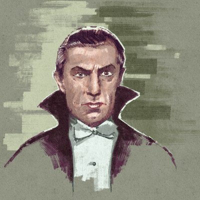 صورة للممثل المجري بيلا لوغوسي في دور الكونت دراكولا (رسم توضيحي) بواسطة أليساندرو لوناتي