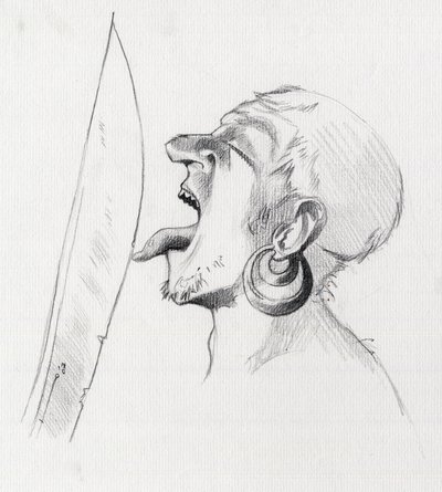 صورة لقرصان (قرصان) يتحدى السيف بلمسه بلسانه. رسم أليساندرو لوناتي. بواسطة أليساندرو لوناتي
