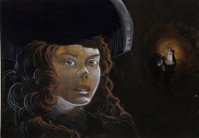 صورة لامرأة قرصنة (قرصان) أو بحار في الليل ، مضاءة بفانوس قرصان آخر. الرسم الملون من قبل أليساندرو لوناتي. بواسطة أليساندرو لوناتي