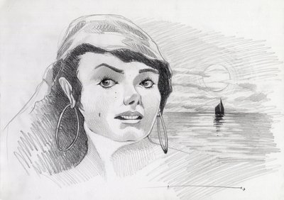 صورة لامرأة قرصنة من منطقة البحر الكاريبي (أو قرصنة) ، مع غروب الشمس في الأفق. رسم أليساندرو لوناتي. بواسطة أليساندرو لوناتي