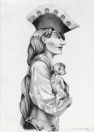 صورة شخصية لامرأة قرصنة من منطقة البحر الكاريبي (قرصان) ، مع قرد صغير بين ذراعيها. رسم أليساندرو لوناتي. بواسطة أليساندرو لوناتي