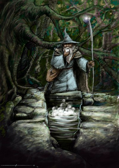 تمثيل كاهن يشرب على نافورة بارنتون الرائعة ، في غابة Broceliande - رسم لأليساندرو لوناتي - 2012 - بواسطة أليساندرو لوناتي