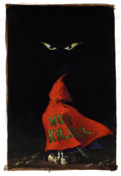 تمت إعادة النظر في Little Red Riding Hood بواسطة Charles Perrault (1628-1703): The Red Riding Hood يواجه عيون الذئب في الظلام ببندقية بندقية مخبأة تحت معطفه الأحمر "Wolf Killer". رسم أليساندرو لوناتي بواسطة أليساندرو لوناتي