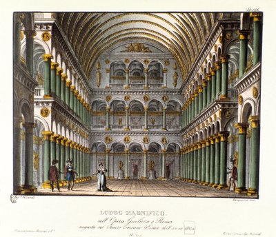 مكان رائع: سينوغرافيا قاعة القصر الكبير المقببة للأداء في تياترو كاركانو في عام 1829 لأوبرا "جوليتا إي روميو" (جولييت وروميو) (1796) لنيكولو أنطونيو زينجاريللي بعد مقطوعة ويليام شكسبير "روميو وجولييت". ليث بواسطة اليساندرو سانكوريكو