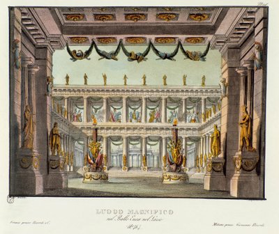 مكان رائع: منظر لسينوغرافيا المعبد لتمثيل الدراما الغنائية "" Enea nel Lazio "" (1799) لجوزيبي سارتي. الطباعة الحجرية في "" مجموعة الاختراعات ذات المناظر الخلابة لعام 1830 بواسطة أليساندرو سانكيريكو (1777-1849) ". ميلانيز بواسطة اليساندرو سانكوريكو