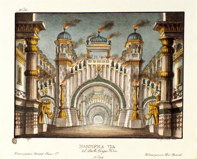 معبد في زمن جنكيز خان سينوغرافيا للباليه "Genis-Kan" لمصمم الرقصات الإيطالي جيوفاني جالزيراني (1780-1865) (1828). الطباعة الحجرية في "" مجموعة الاختراعات ذات المناظر الخلابة لعام 1830 بواسطة أليساندرو سانكيريكو (1777-1849) ". خاص م بواسطة اليساندرو سانكوريكو