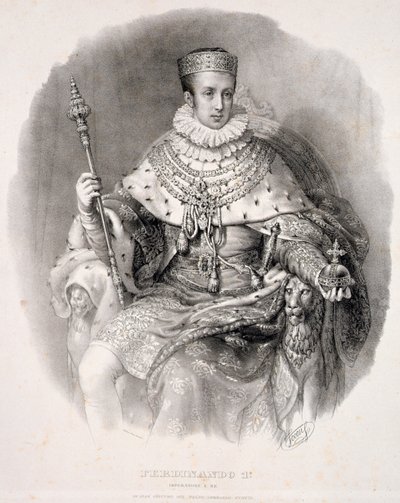 فرديناند الأول (1793-1875) ، ملك لومبارديا فينيسيا ، في أردية الدولة ، من "تتويج SMIRA فرديناندو الأول ، ملك مملكة لومبارد-فينيتو" ، نشر عام 1838 بواسطة اليساندرو سانكوريكو