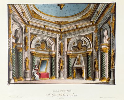 شقق جولييت الخاصة سينوغرافيا للأداء في تياترو كاركانو في عام 1829 لأوبرا "جولييتا إي روميو" (جولييت وروميو) (1796) لنيكولو أنطونيو زينجاريللي بعد قطعة "روميو وجولييت" "لوليام شكسبير. الطباعة الحجرية في "" Rac بواسطة اليساندرو سانكوريكو