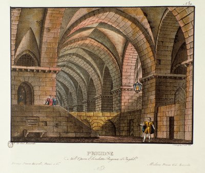 نورفولك يزور السجين ليستر في سجن سينوغرافيا لأداء عام 1828 لأوبرا "إليزابيتا ، ريجينا دي إنجيلتيرا" (إليزابيث ، ملكة إنجلترا) (1815) لجيوشينو روسيني (أو جياتشينو) بعد مسرحية كارلو فيديريتشي "صفحة ليستر" بواسطة اليساندرو سانكوريكو