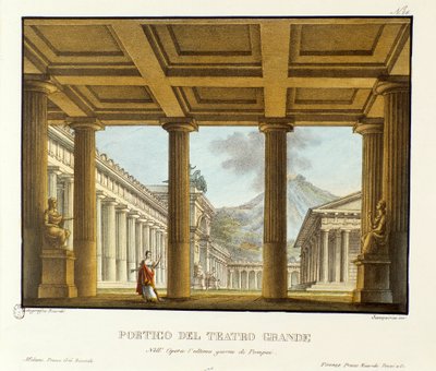 Portico of the Grand Theatre in Pompeii، في الخلفية سينوغرافيا Vesuve لأداء "أوبرا" L'Ultimo Giorno di Pompei "(آخر يوم لبومبي) لجيوفاني باتشيني الطباعة الحجرية في "" مجموعة اختراعات العيسى ذات المناظر الخلابة من عام 1830 بواسطة اليساندرو سانكوريكو