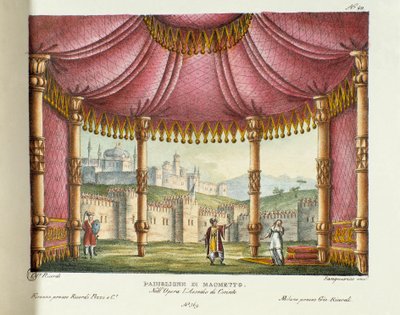 سينوغرافيا جناح محمد (الفصل الثاني) للأداء في مسرح ألا سكالا في ميلانو عام 1829 لأوبرا "حصار كورنث" (أو حصار كورنث) لجيوشينو روسيني (أو جيواتشينو) (1826). الطباعة الحجرية في "" مجموعة الاختراعات بواسطة اليساندرو سانكوريكو
