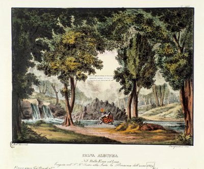 غابة سينوغرافيا العرافة ألبونيا لتمثيل الدراما الأوبرا "Enea nel Lazio" (1799) لجوزيبي سارتي. الطباعة الحجرية في "" مجموعة الاختراعات ذات المناظر الخلابة لعام 1830 بواسطة أليساندرو سانكيريكو (1777-1849) ". مجموعة خاصة ميلانية بواسطة اليساندرو سانكوريكو