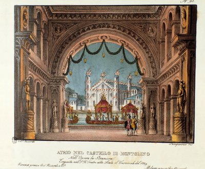 The vestibule of the castle of Montolino in Brittany Scenography for the performance at the Teatro alla scala in 1829 of the opera “La straniera”” (1828) by Vincenzo Bellini. Lithography in “” Raccolta di invenzioni sceniche del 1830 di Alessandro Sanquiri بواسطة اليساندرو سانكوريكو