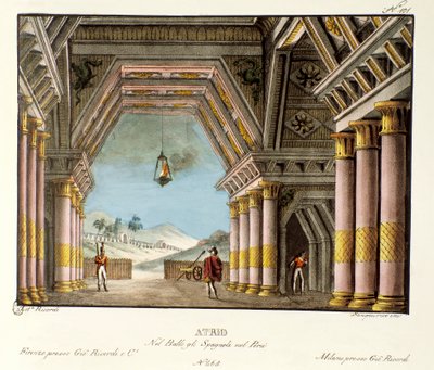 View of a large palace room Scenography for the ballet “” Gli spagnoli nel Peru”” by Italian choreographer Giovanni Galzerani (1780-1865) (1828). Lithography in “” Raccolta di invenzioni sceniche del 1830 di Alessandro Sanquirico (1777-1849)””. Milanese pr بواسطة اليساندرو سانكوريكو