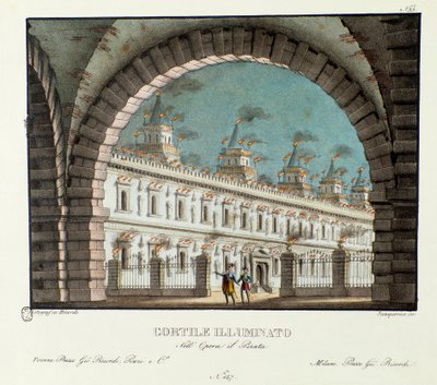 منظر لسينوغرافيا الفناء الكبير المضاء لتمثيل أوبرا Il pirata (القرصان) (1827) لفينشنزو بيليني. الطباعة الحجرية في "" مجموعة الاختراعات ذات المناظر الخلابة لعام 1830 بواسطة أليساندرو سانكيريكو (1777-1849) ". ميلانو الخاصة ج بواسطة اليساندرو سانكوريكو