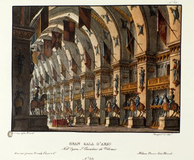 منظر لغرفة الأسلحة الكبيرة سينوغرافيا لتمثيل أوبرا "I cavalieri di Valenza" لجيوفاني باتشيني وجايتانو روسي (1828). الطباعة الحجرية في "" مجموعة الاختراعات ذات المناظر الخلابة لعام 1830 بواسطة أليساندرو سانكيريكو (1777-1849) ". ميلا بواسطة اليساندرو سانكوريكو
