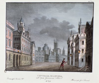 منظر لسينوغرافيا ضواحي لندن لتمثيل أوبرا "جيوفانا شور" (جين شور) لكارلو بونتي (1829). الطباعة الحجرية في "" مجموعة الاختراعات ذات المناظر الخلابة لعام 1830 بواسطة أليساندرو سانكيريكو (1777-1849) ". جمع ميلانو الخاص بواسطة اليساندرو سانكوريكو