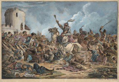Bataille entre les Georgiens et les Tribus de montagne - معركة بين الجورجيين والقبائل الجبلية - أورلوفسكي (أورلوفسكي) ، ألكسندر أوسيبوفيتش (1777-1832) - 1826 - مطبوعات حجرية ، ألوان مائية - 54 × 77 - مجموعة خاصة بواسطة الكسندر أورلوفسكي