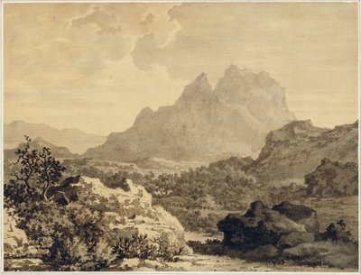 منظر طبيعي جبلي ، ج 1780 (غسيل رمادي وبني على ورق معد بأرضية بنية) بواسطة ألكسندر كوزينز
