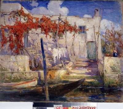 الريف. في الجنوب. (منظر طبيعي. في الجنوب). لوحة لألكسندر فيودوروفيتش غوش (1873-1947) ، زيت على قماش ، فن روسي ، أوائل القرن العشرين. معرض بريمورسك الحكومي للفنون ، فلاديفوستوك (روسيا). بواسطة الكسندر جوش