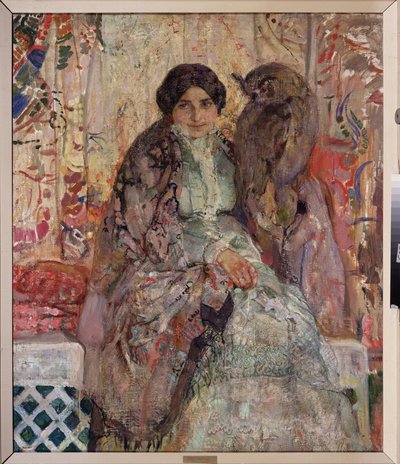 امرأة مع بومة النسر. لوحة للكسندر إيفانوفيتش سافينوف (1881-1942) ، زيت على قماش بواسطة الكسندر ايفانوفيتش سافينوف