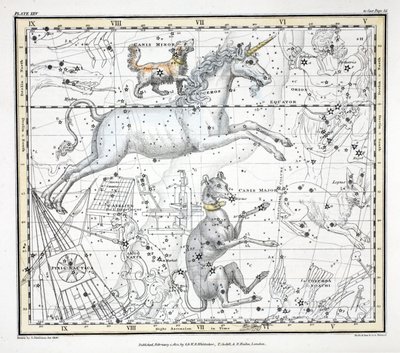الأبراج (اللوحة الخامسة والعشرون) Canis Major و Canis Minor و Monoceros و Argo Navis و l'Atelier de l'imprimteur و Pyxis Nautica و Triangulum Australe من "A Celestial Atlas" بقلم ألكسندر جاميسون ، حانة. لندن 1822 (نقش ملون يدوي) بواسطة ألكسندر جاميسون