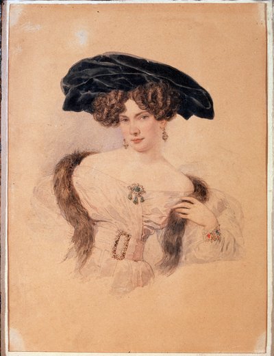 صورة للفنانة يفدوكيا باكونينا (1793-1882) بالقبعة السوداء (صورة للفنانة يفدوكيا باكونينا بالقبعة السوداء). عمل فني لألكسندر بافلوفيتش بريولوف (ألكسندر بريولوف) (1798-1877). لوحة مائية على ورق بواسطة الكسندر بافلوفيتش بريولوف