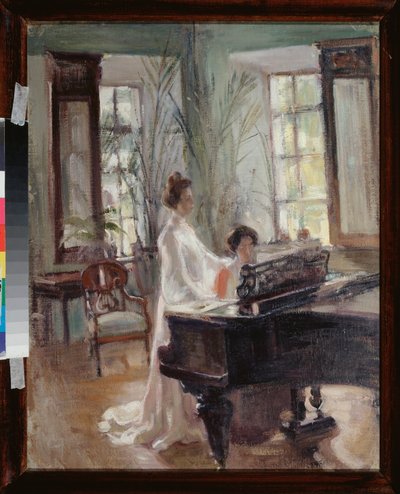 Dans le salon de Reception (في غرفة الاستقبال) - امرأتان تصنعان الموسيقى وتغنيان وتعزفان البيانو - عمل ألكسندر فالنتينوفيتش سريدين (سريدين) (1872-1934)، زيت على الورق المقوى - الفن الروسي في أواخر القرن التاسع عشر وأوائل القرن العشرين، الحداثة - المنطقة ال بواسطة الكسندر سريدين