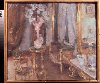 أمسية في غرفة - عمل ألكسندر فالنتينوفيتش سريدين (سردين) (1872-1934) ، زيت على ورق مقوى - فن روسي ، أواخر القرن التاسع عشر وأوائل القرن العشرين ، الحداثة - متحف الدولة الإقليمي الأول بوزالوستين للفنون ، ريازان (روسيا) بواسطة الكسندر سريدين