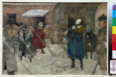 الناس يكتسحون الثلج في أحد الشوارع في الشتاء - عمل ألكسندر إيفانوفيتش فخرامييف (1874-1926) ، حوالي عام 1921 - إزالة الثلج - ألوان مائية ، لون أبيض ، طباشير أسود على الورق بقلم ألكسندر إيفانوفيتش فخرامييف (1874-1926) ، حوالي 1921 - 21.4 × 29 .5 سم - شارع بواسطة الكسندر فخرمييف