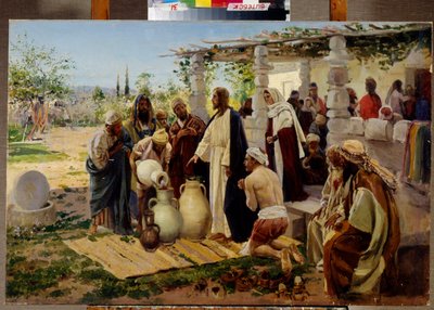 معجزة تحوّل الماء إلى خمر في قانا (إسرائيل). (أمر يسوع الخدم أن يملأوا الجرار بالماء من البئر وقام بأول معجزة في الأعراس حيث كان الخمر ينقص). لوحة لفلاديمير يغوروفيتش ماكوفسكي (ماكوفسكي ، ماكوف بواسطة ألكسندر فلاديميروفيتش ماكوفسكي