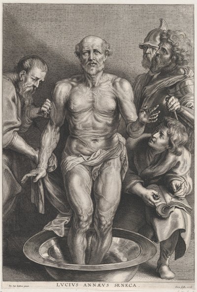 موت سينيكا ، يقف في المنتصف وقدميه في حوض من الماء ، يسانده ... ، كاليفورنيا. 1655-1678. بواسطة الكسندر فويت