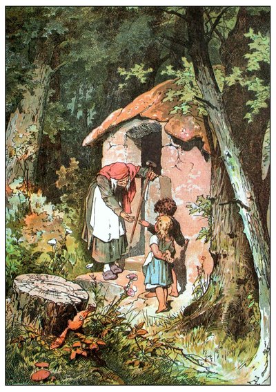 رسم توضيحي لـ"هانسيل وجريتل" للأخوين جريم، حوالي عام 1899 (طباعة أوفست) بواسطة الكسندر زيك