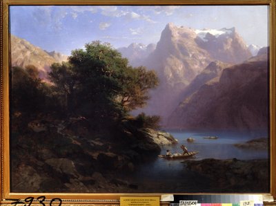 "" منظر طبيعي للجبال مع بحيرة في سويسرا "(بحيرة جبلية) لوحة رسمها ألكسندر كالام (1810-1864) 1860 معرض الفنون الإقليمي ، تامبوف ، روسيا بواسطة الكسندر كالامي